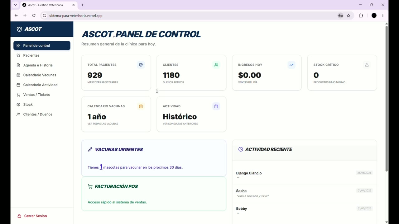 Demo del sistema de gestión veterinaria